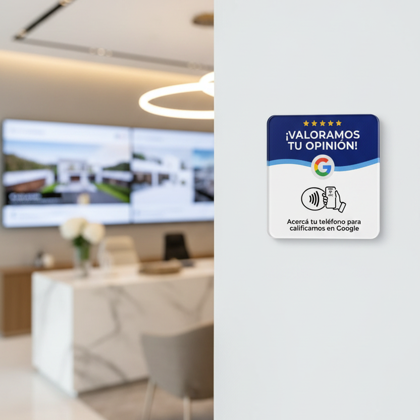 Placa NFC de Lumora Project adherida a la pared de una inmobiliaria moderna, mostrando el diseño con el logo de Google y la instrucción para acercar el celular y dejar una reseña.